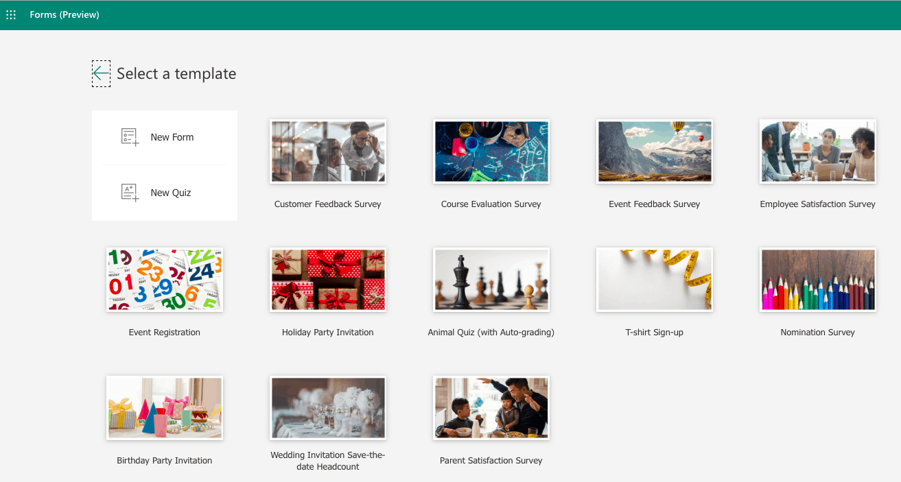Microsoft Forms screenshot - Templates