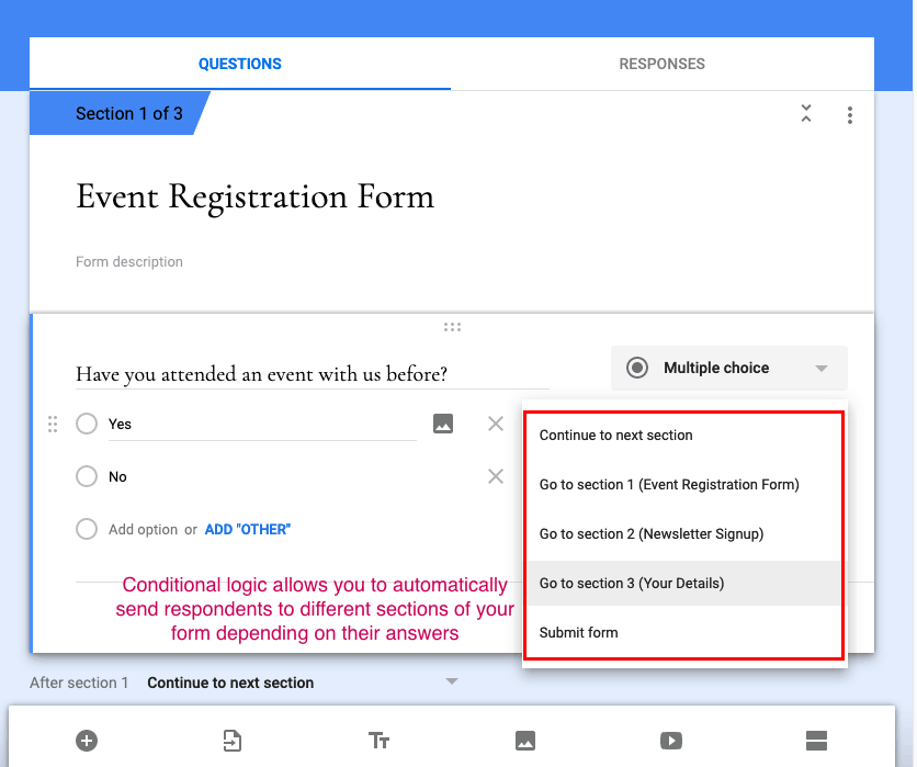 Google Forms screenshot - Conditional logic