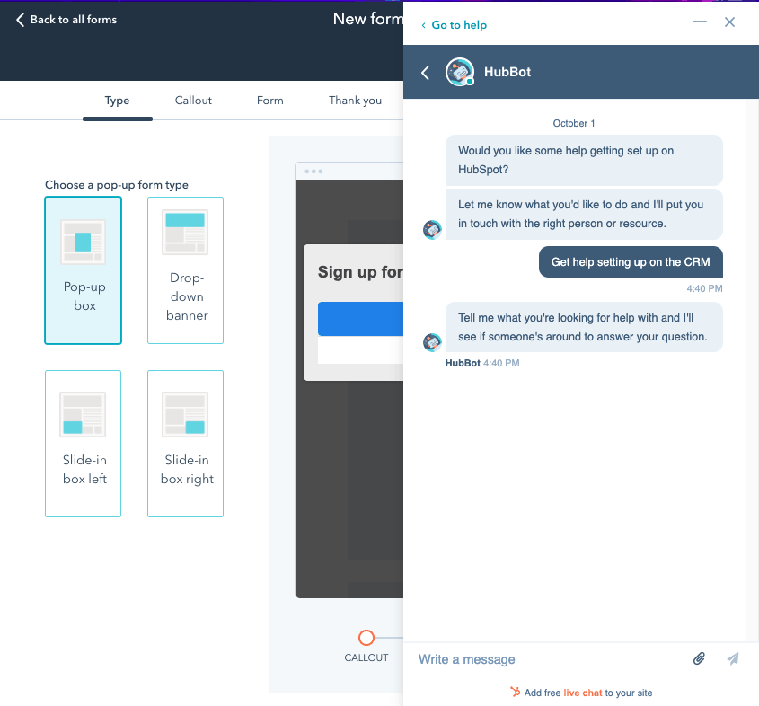 HubSpot Form Builder screenshot - Live chat support