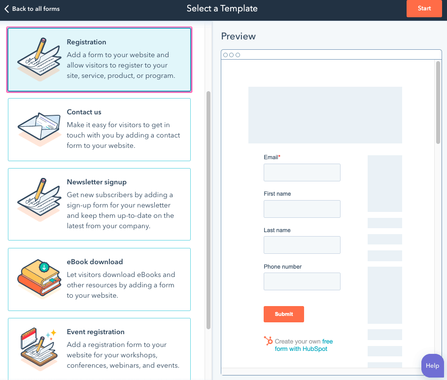 HubSpot Form Builder screenshot - Select a Template