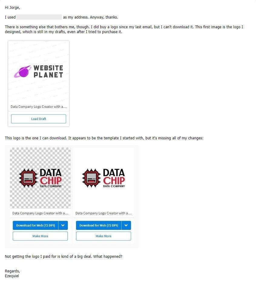 Placeit support email screenshot - bug report