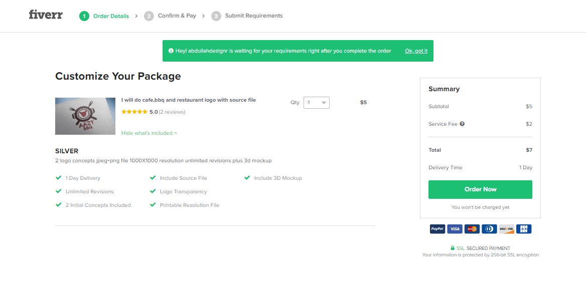 Fiverr screenshot - Customize your package