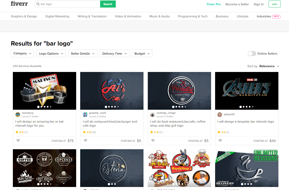 Fiverr screenshot - Bar logo designers