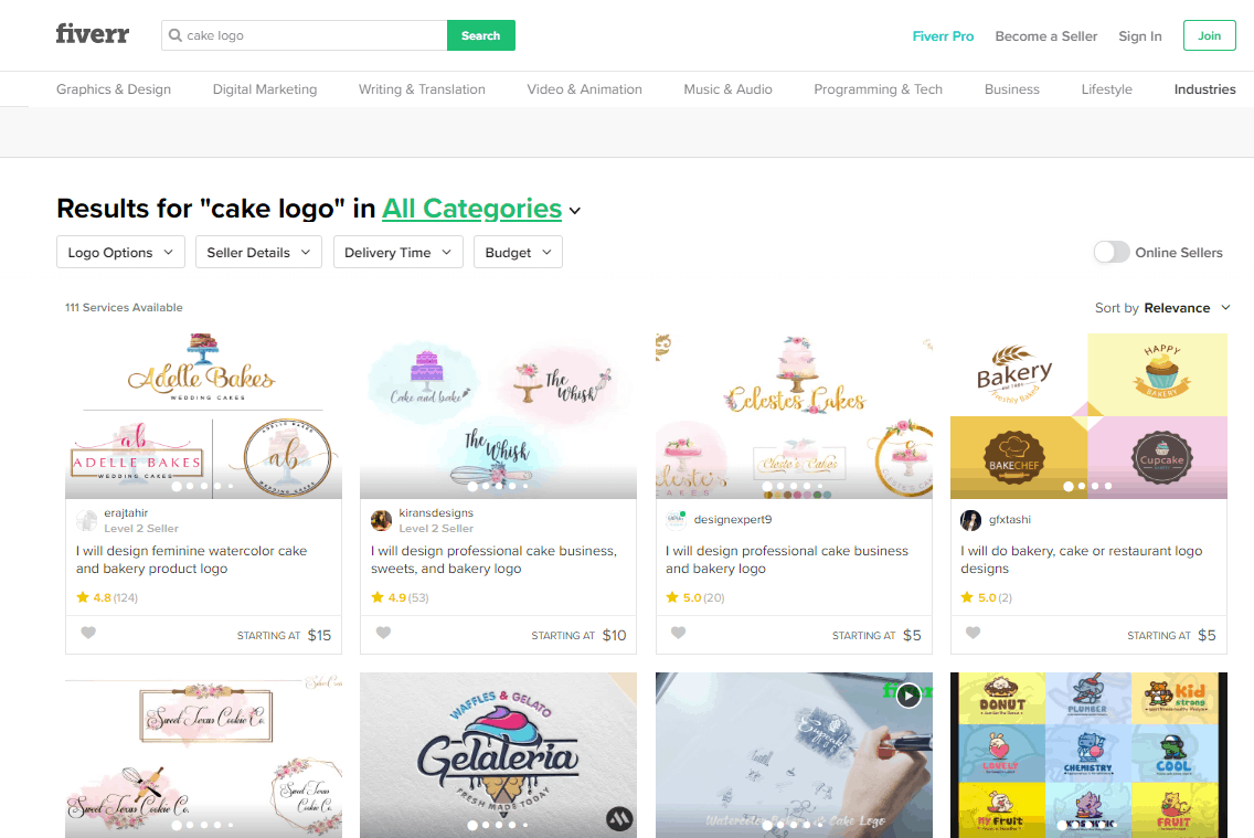 Fiverr screenshot - Cake logo designers