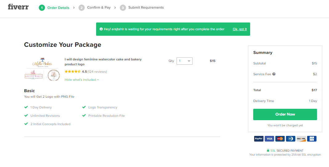 Fiverr screenshot - Customize your package