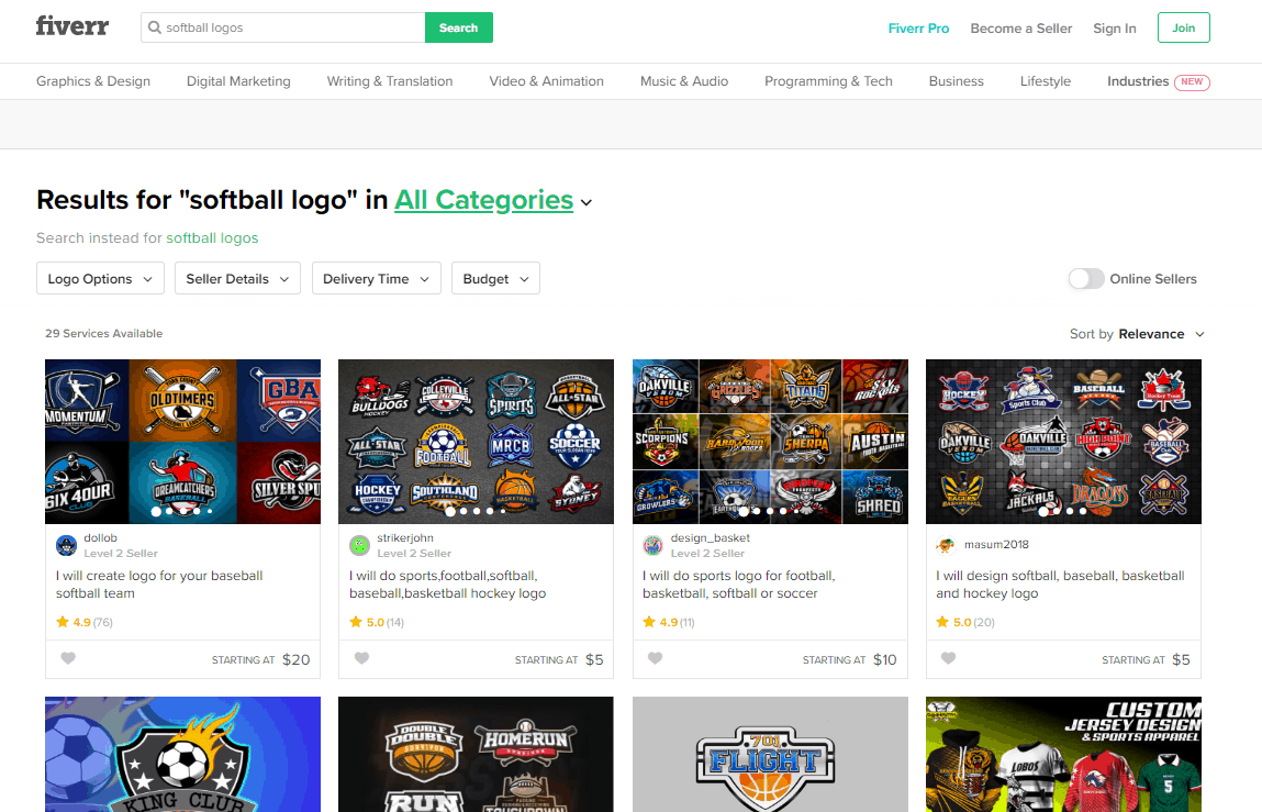 Fiverr screenshot - Softball logo designers