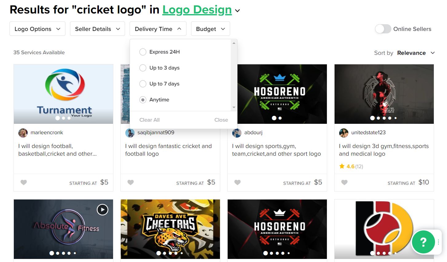 Fiverr screenshot - Cricket logo designers