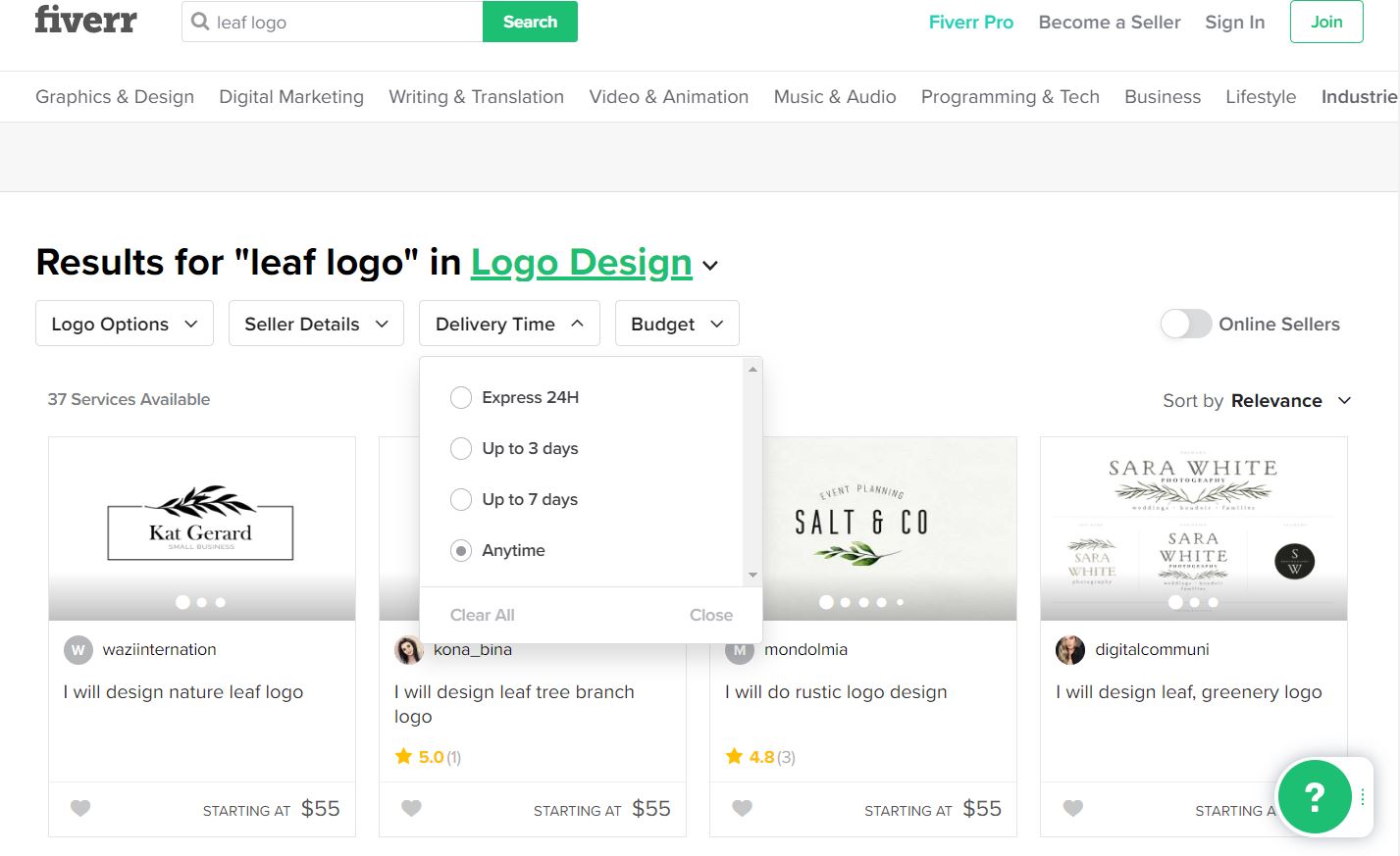 Fiverr screenshot - Leaf logo designers