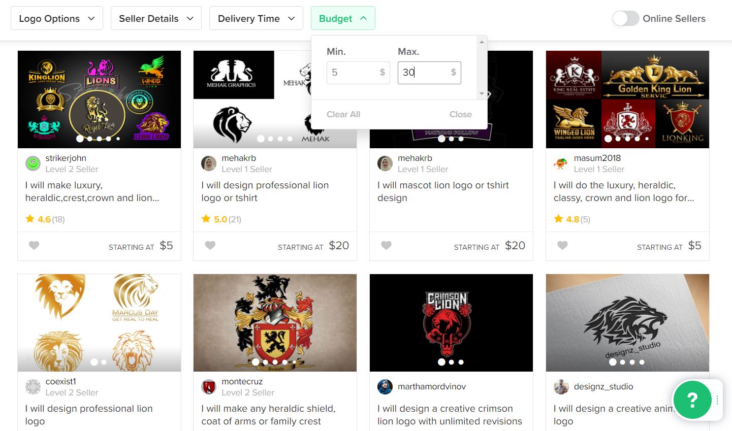 Fiverr screenshot: Lion logo designers