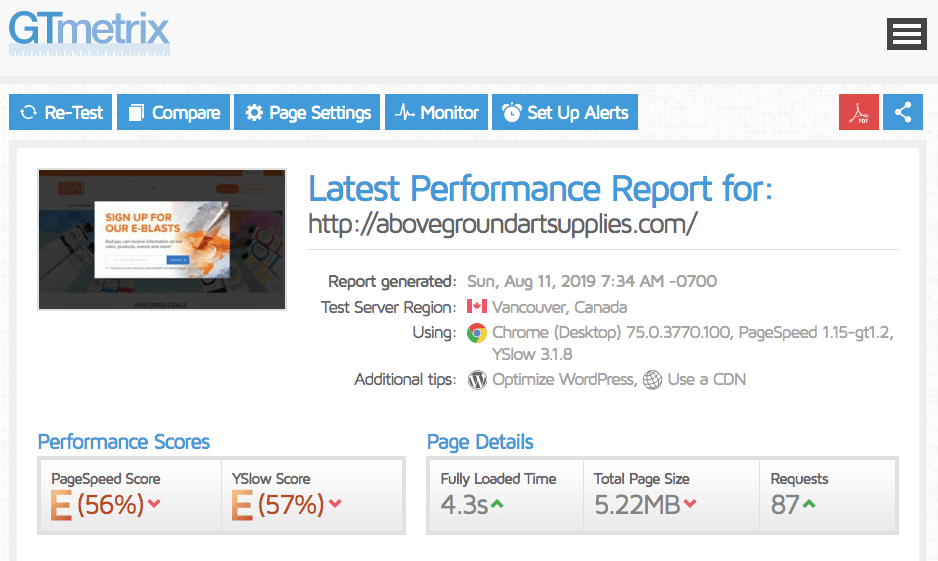 Inmotion Hosting’s page loading speed results using GTmetrix’s free tool