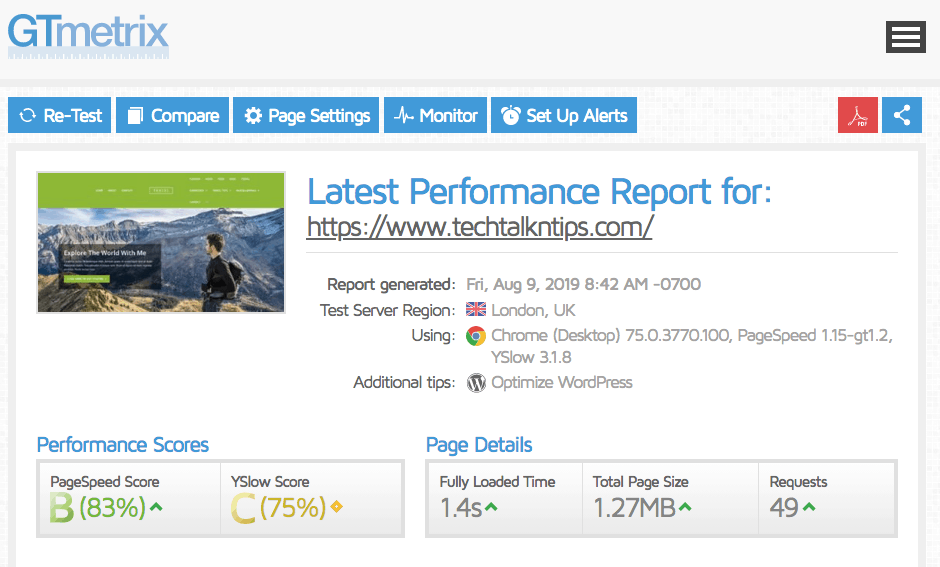 GTmetrix page loading performance report for SiteGround website hosting