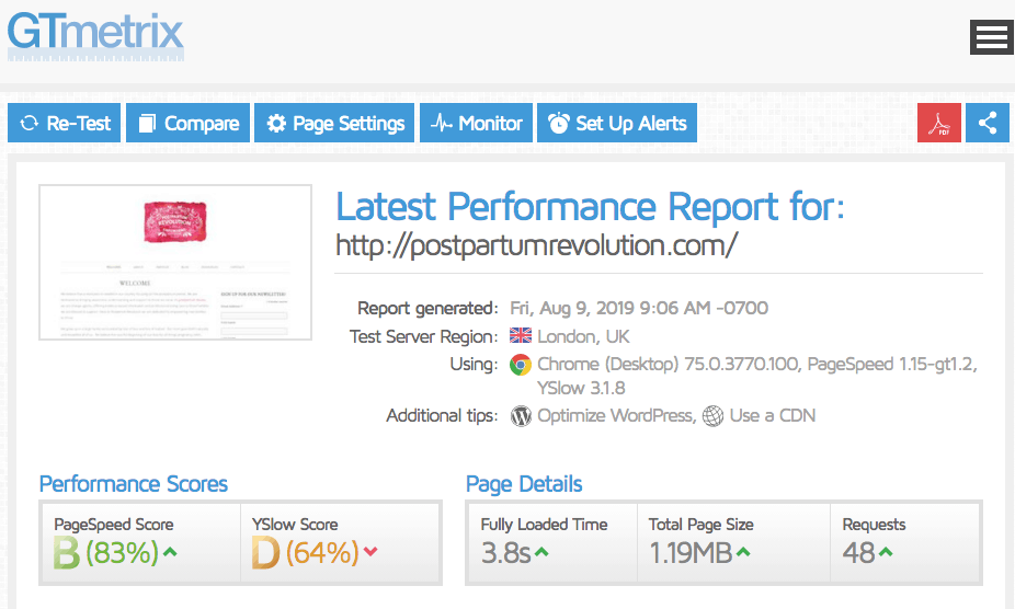 GTmetrix page loading performance report for DreamHost website hosting