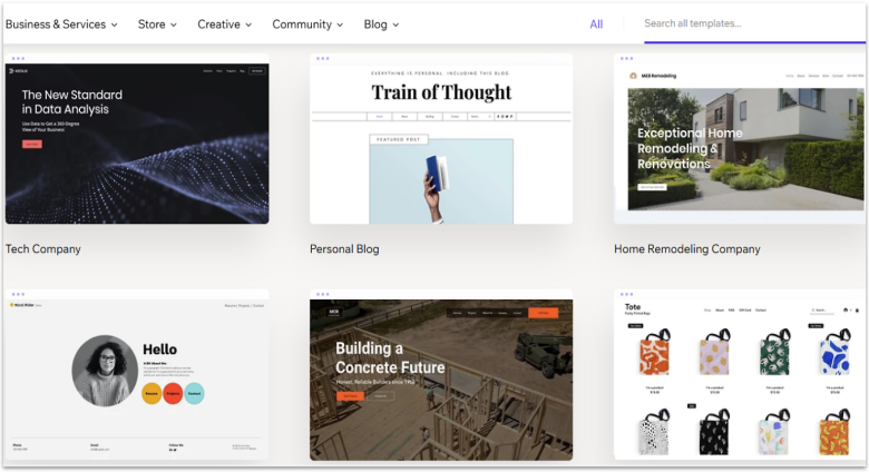Wix template library showing categories.
