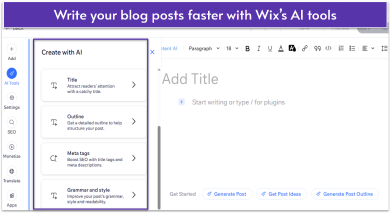 Wix blog editor showing AI content creation tools.