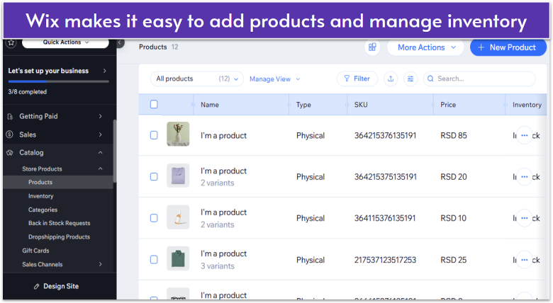 Wix interface for adding products.