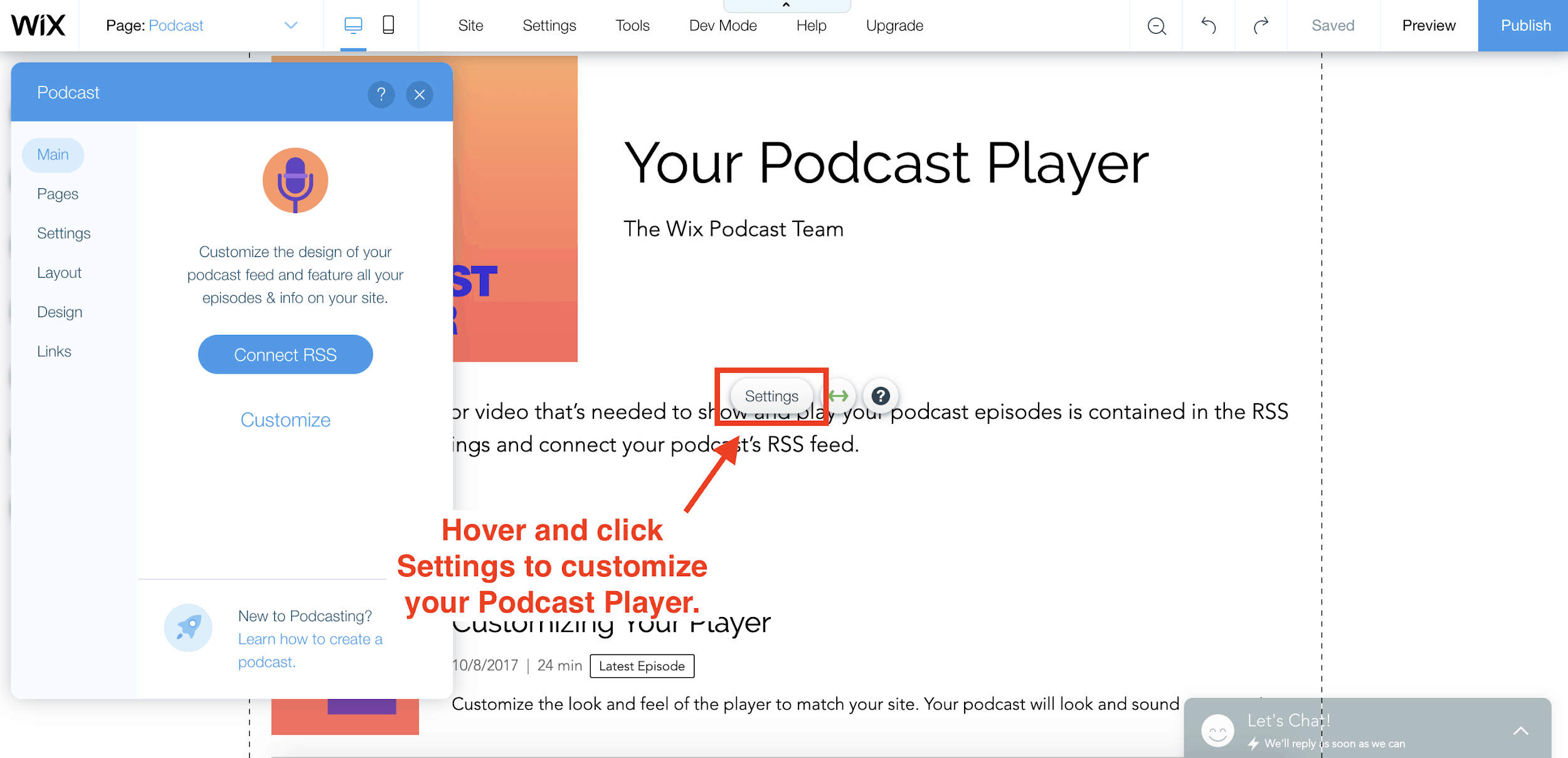 Wix screenshot - customize your podcast player