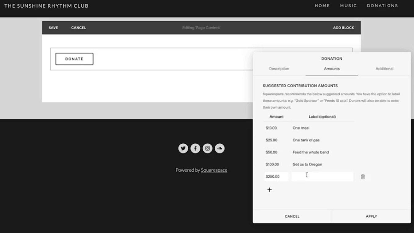 Squarespace donation block