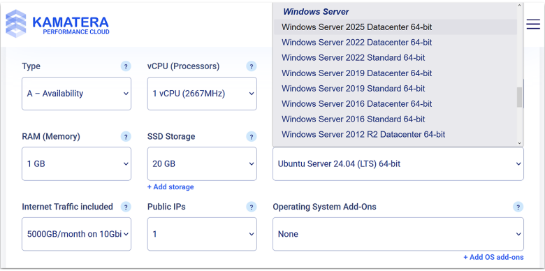Kamatera hosting server setup options with Windows Server versions and customizable resources.
