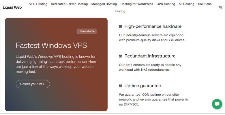 Liquid Web Windows VPS hosting landing page.