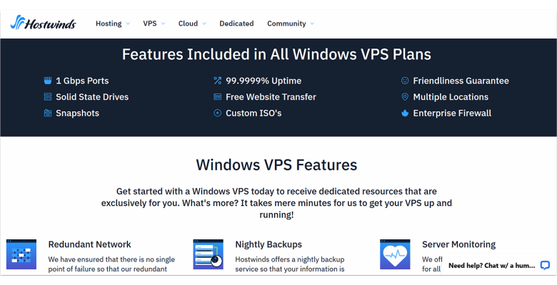 Hostwinds Windows VPS hosting landing page.