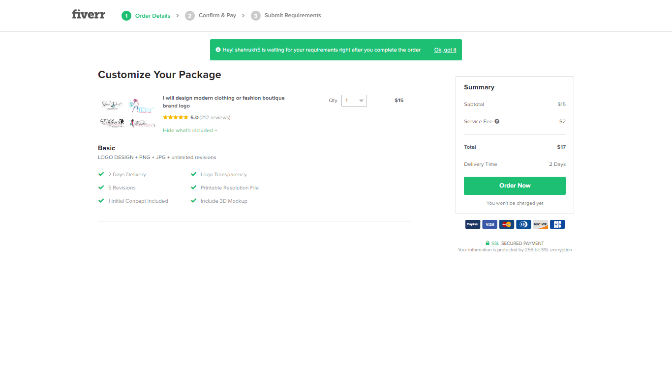 Fiverr screenshot - Customize your package