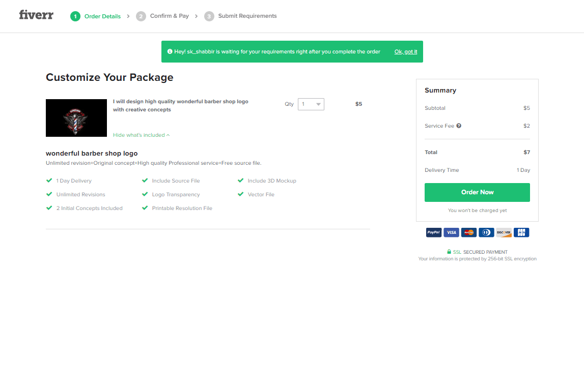 Fiverr screenshot - Order now