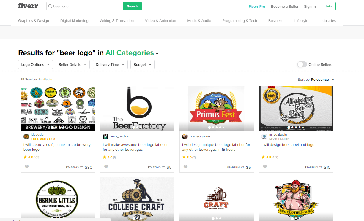 Fiverr screenshot - Beer logo designers