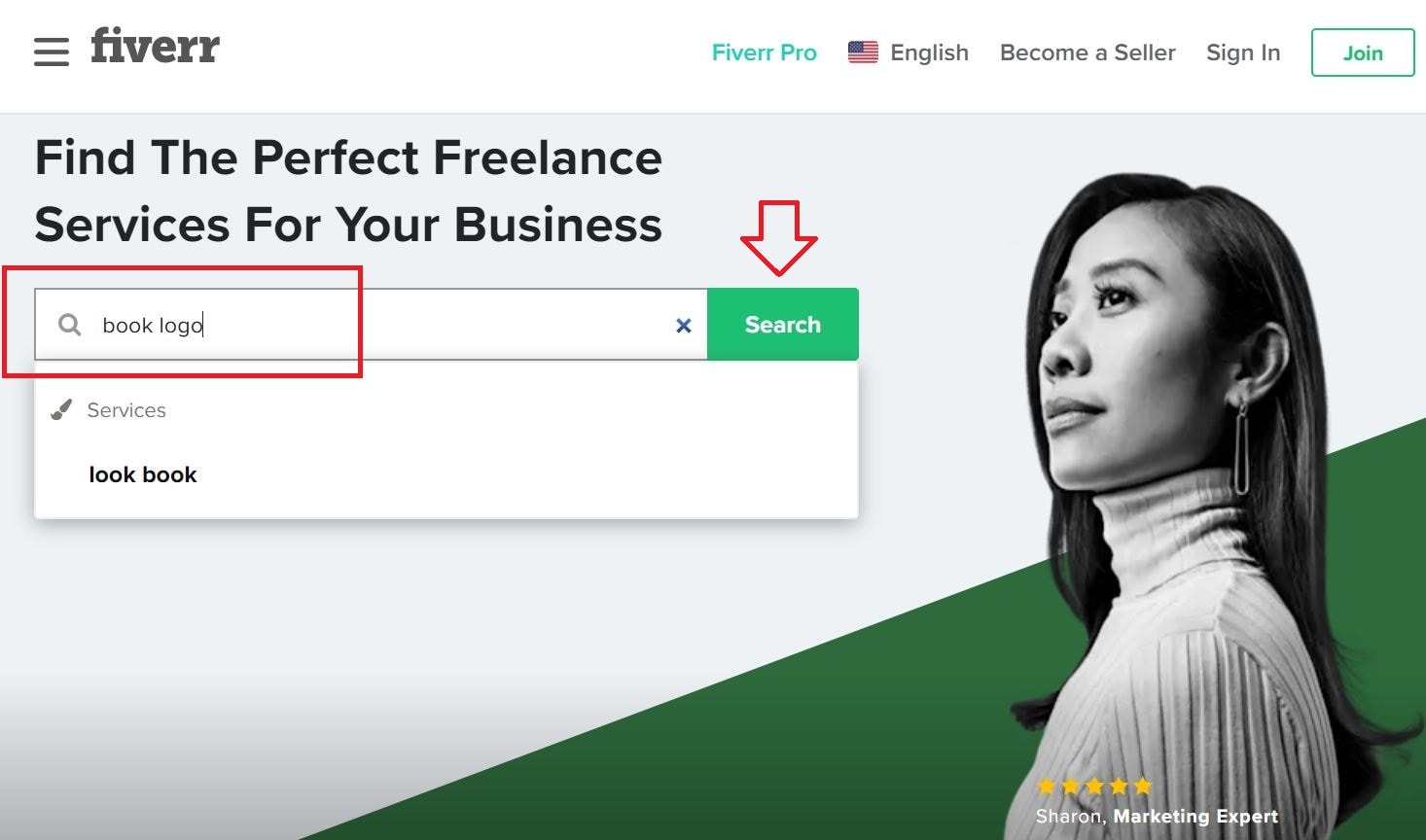 Fiverr screenshot - Homepage book logo search