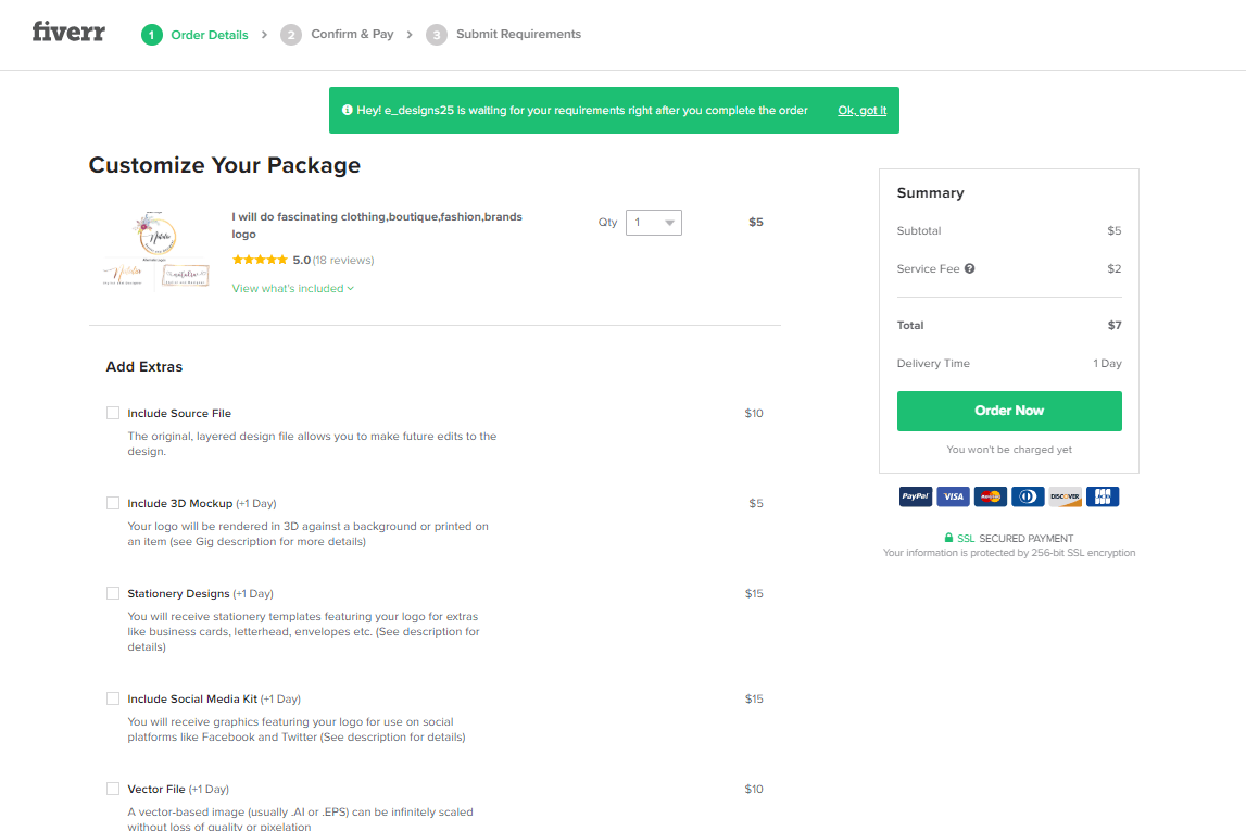 Fiverr screenshot - customize your package