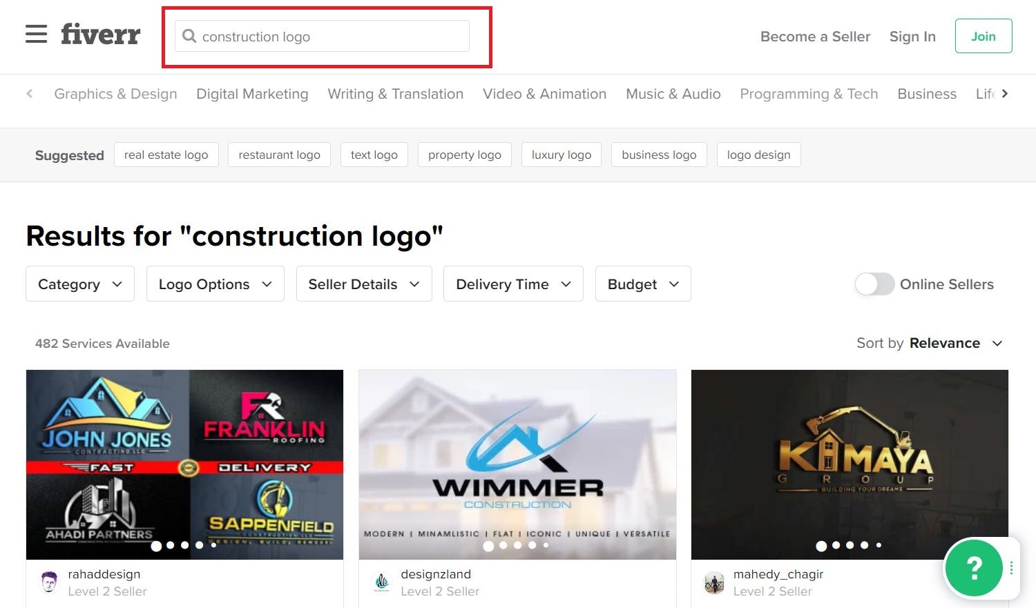 Fiverr screenshot - Construction logo designers