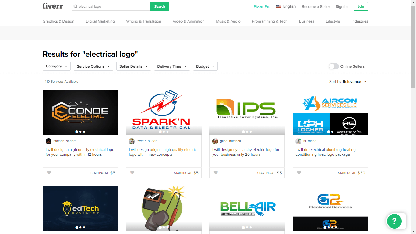 Fiverr screenshot - Electrical logo designers