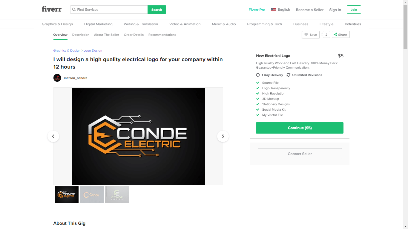 Fiverr screenshot - Electrical logo package overview