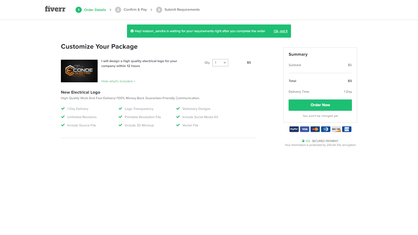 Fiverr screenshot - Package customization