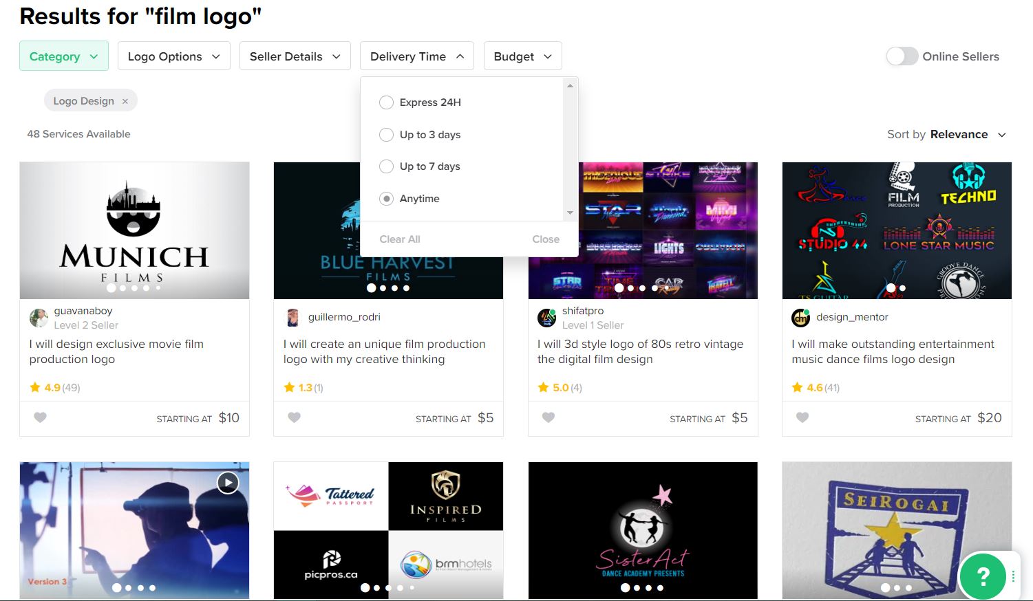 Fiverr screenshot - Film logo designers