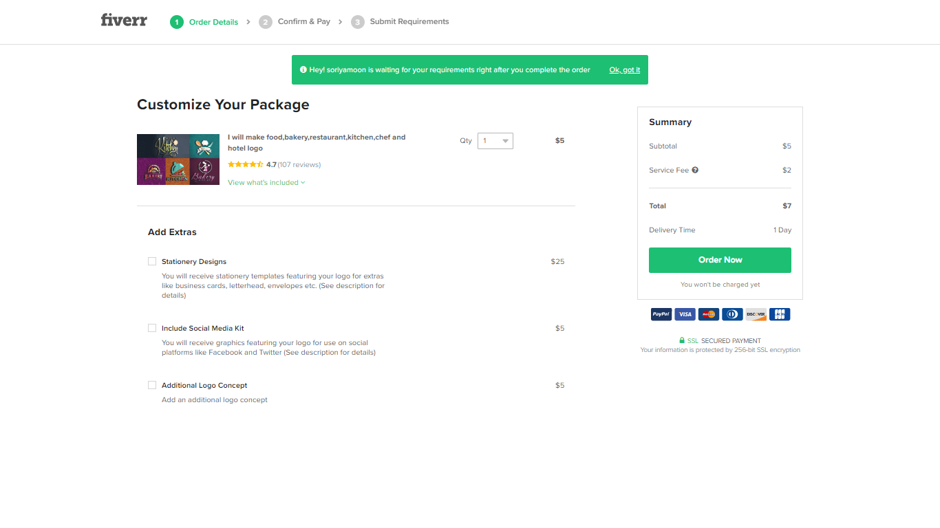 Fiverr screenshot - Customize your package