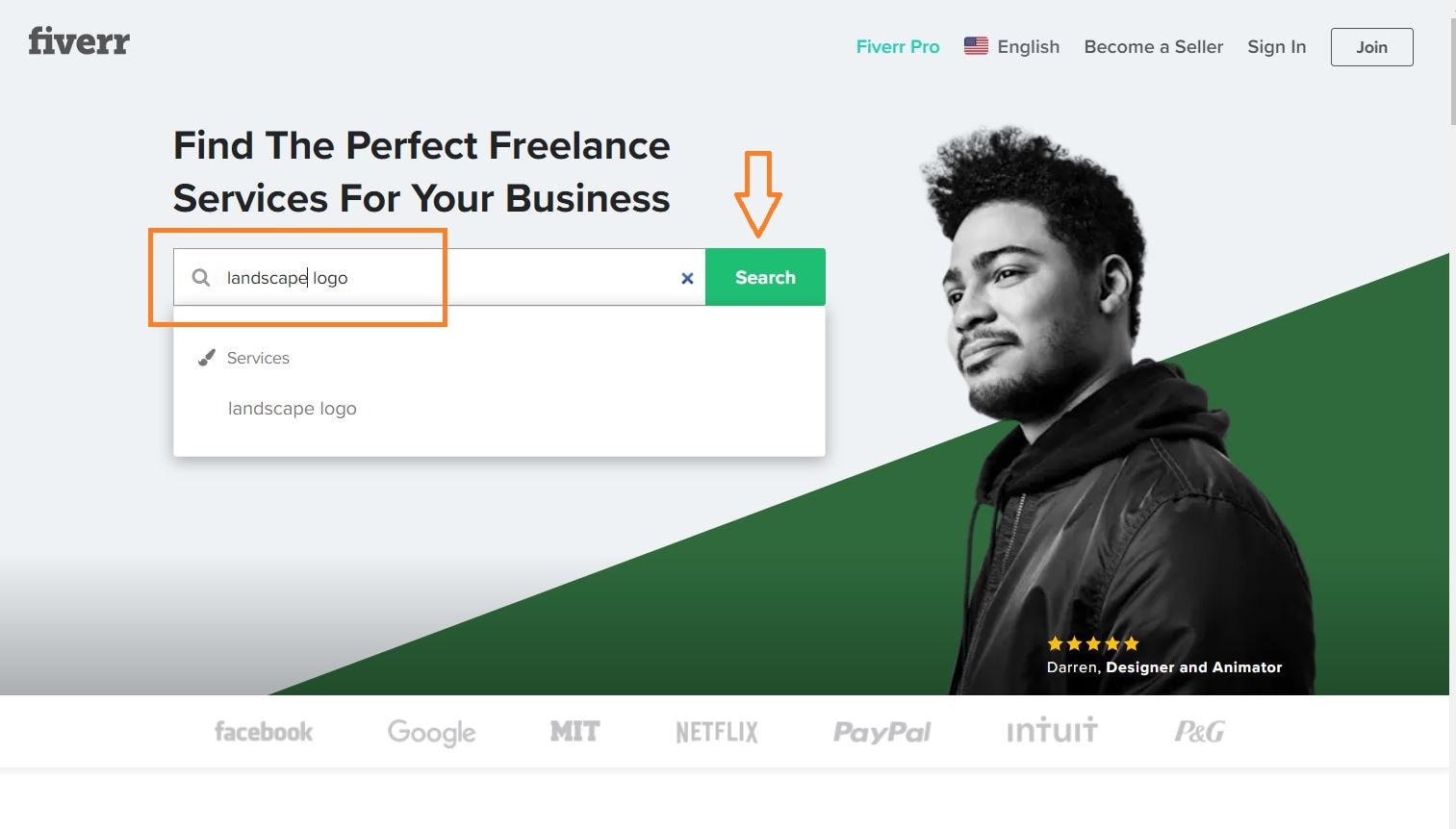 Fiverr screenshot - homepage search