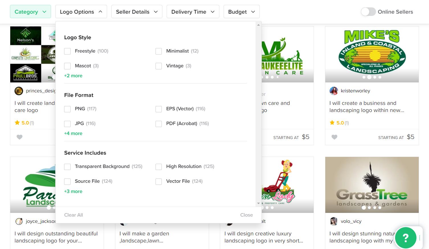 Fiverr screenshot - logo options search filter