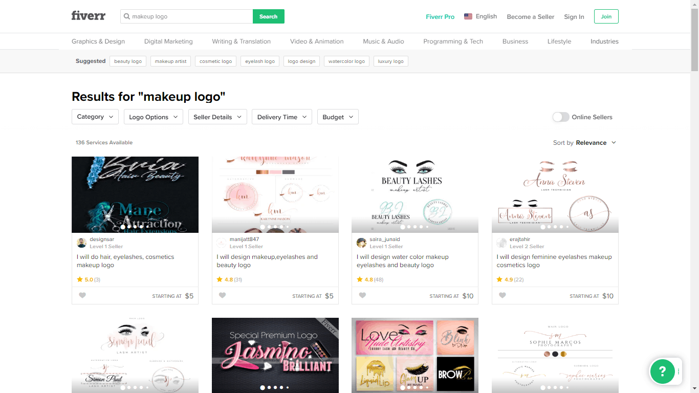 Fiverr screenshot - Makeup logo designers