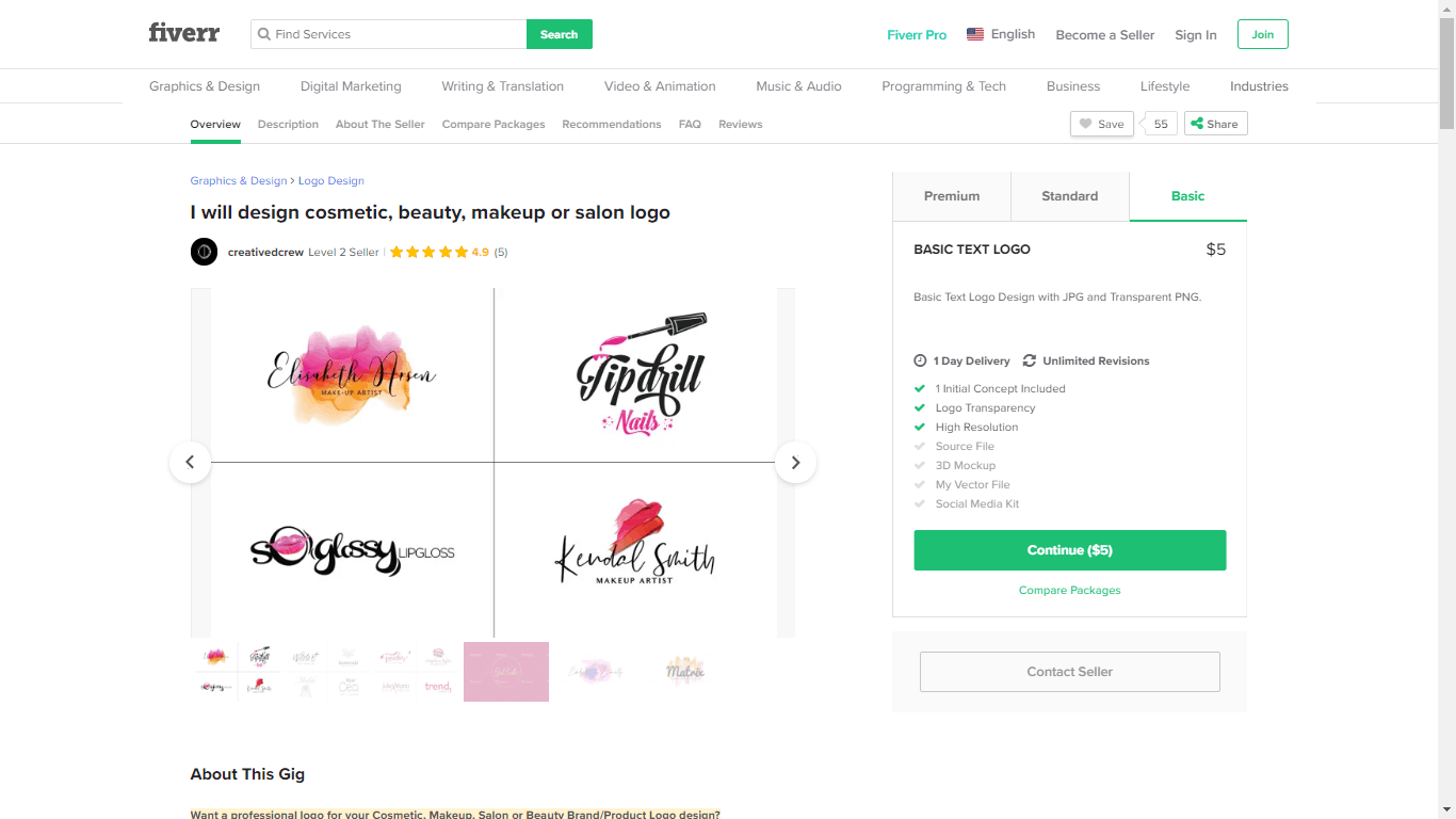 Fiverr screenshot - Makeup logo package overview