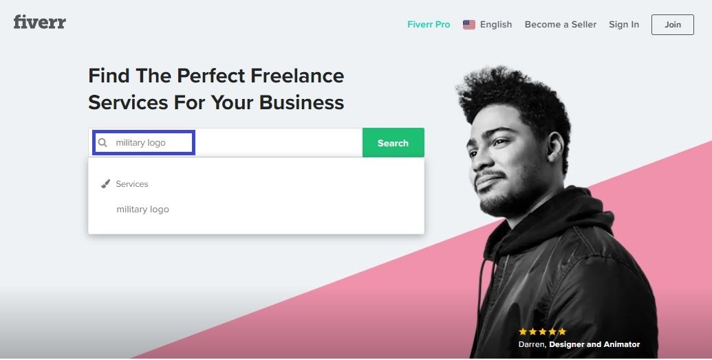 Fiverr screenshot - homepage search bar