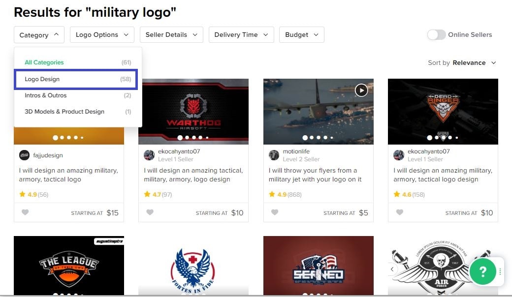 Fiverr screenshot - Military logo designers