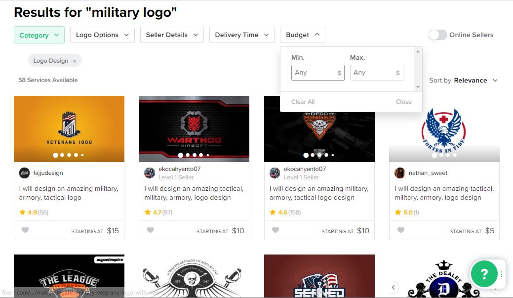 Fiverr screenshot - Budget search filter