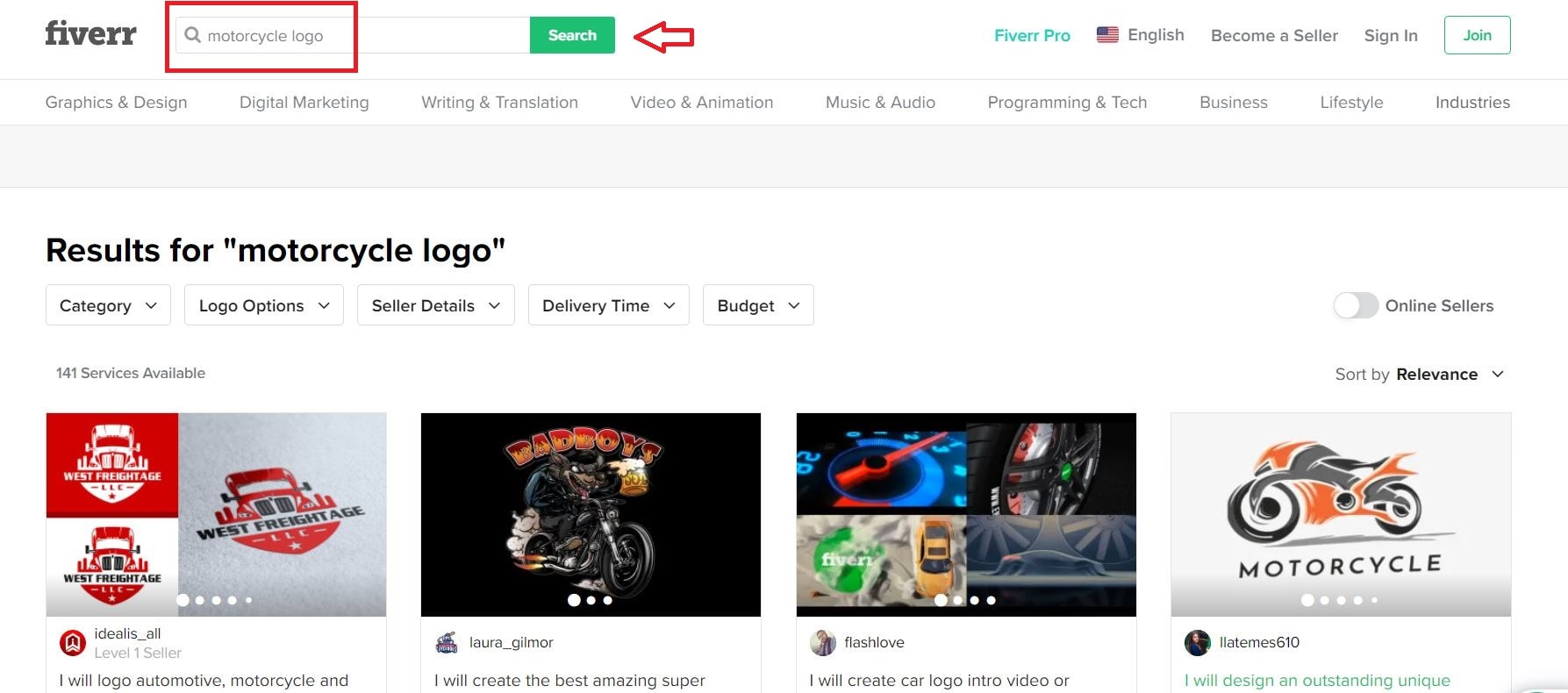 Fiverr screenshot - Motorcycle logo designers