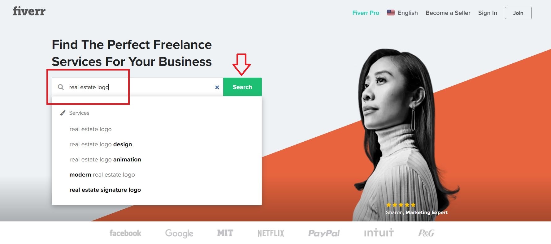 Fiverr screenshot - homepage search bar