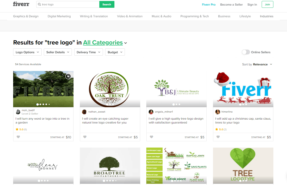 Fiverr screenshot - Tree logo designers