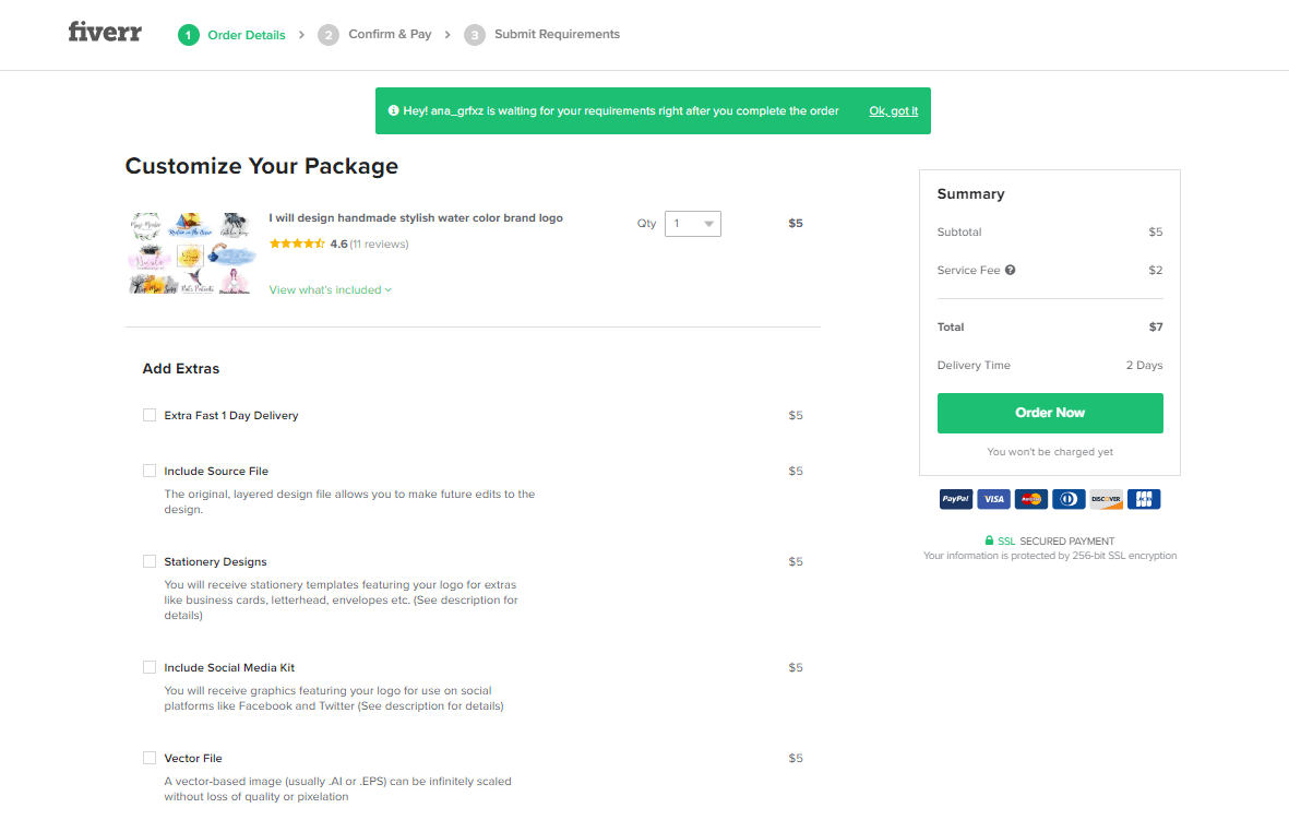 Fiverr screenshot - Customize your package