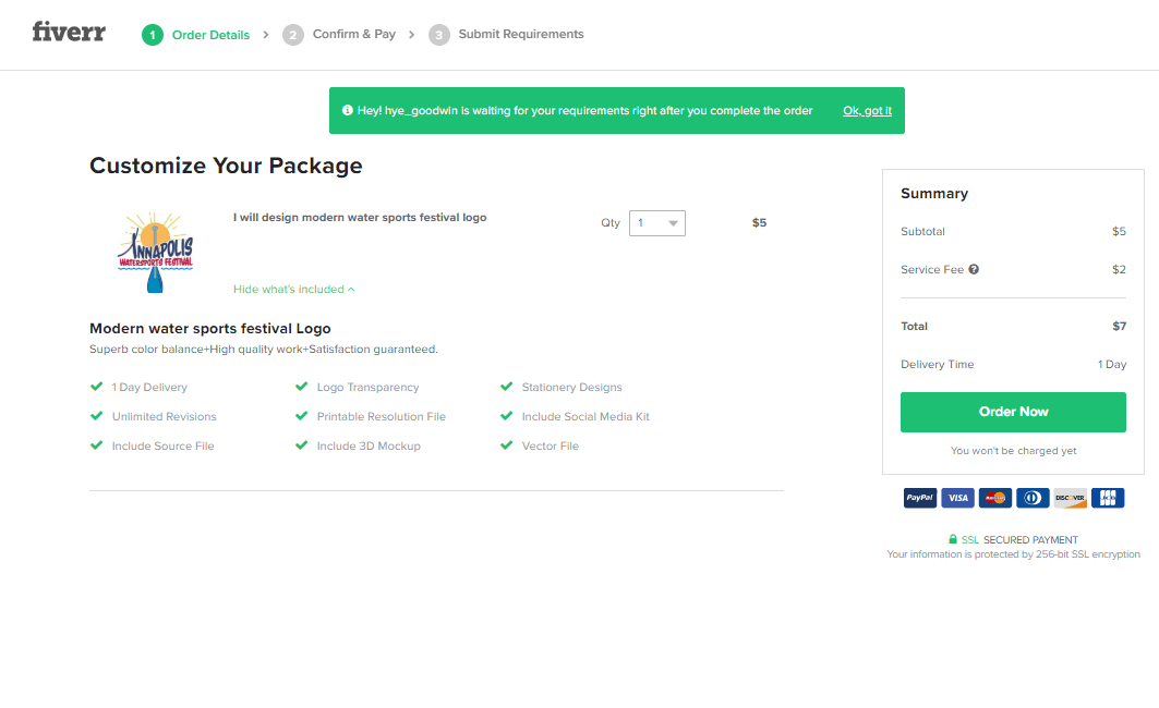 Fiverr screenshot - Customize your package