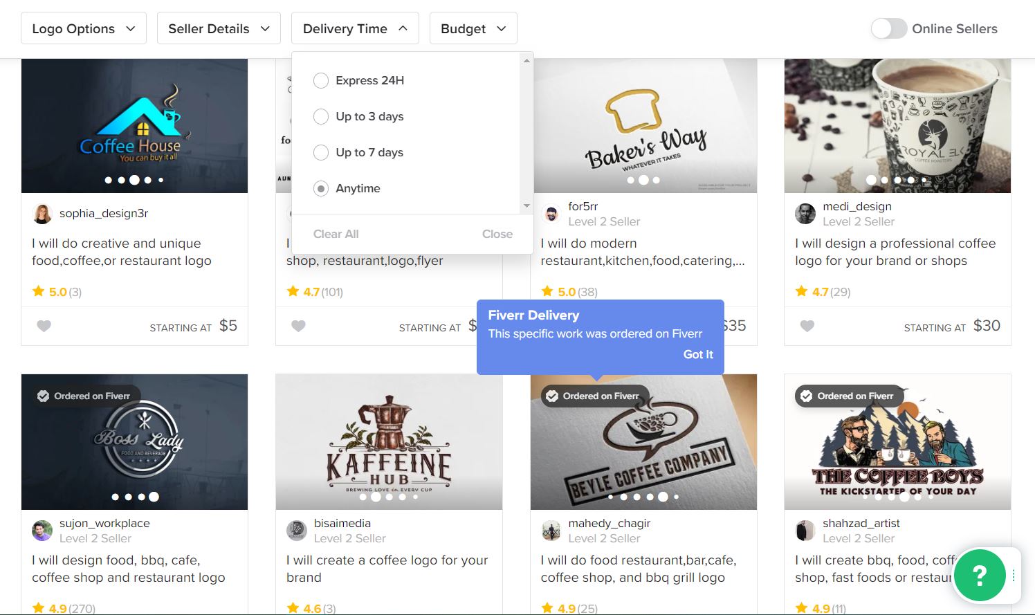 Fiverr screenshot - Coffee logo designers