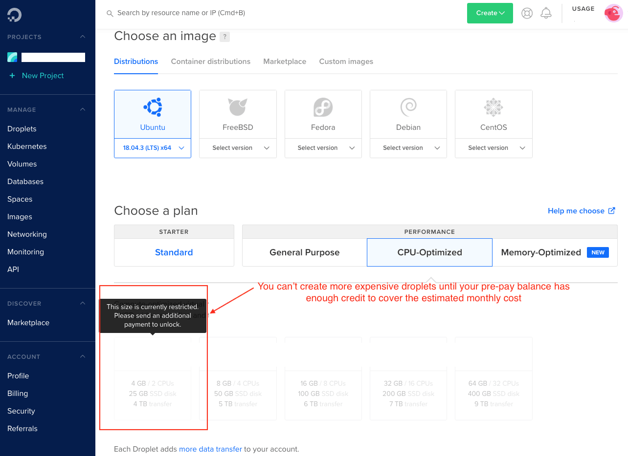 DigitalOcean's dashboard