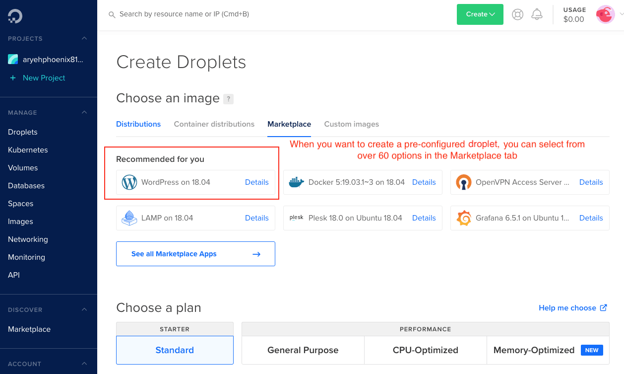 DigitalOcean's Create Droplets screen